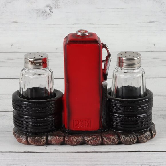 Old Fashioned Gas Station Pump Salt & Pepper Shaker Holder Set - Picture 2 of 5